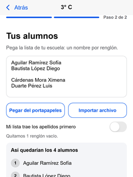 Pantalla para pegar la lista de alumnos