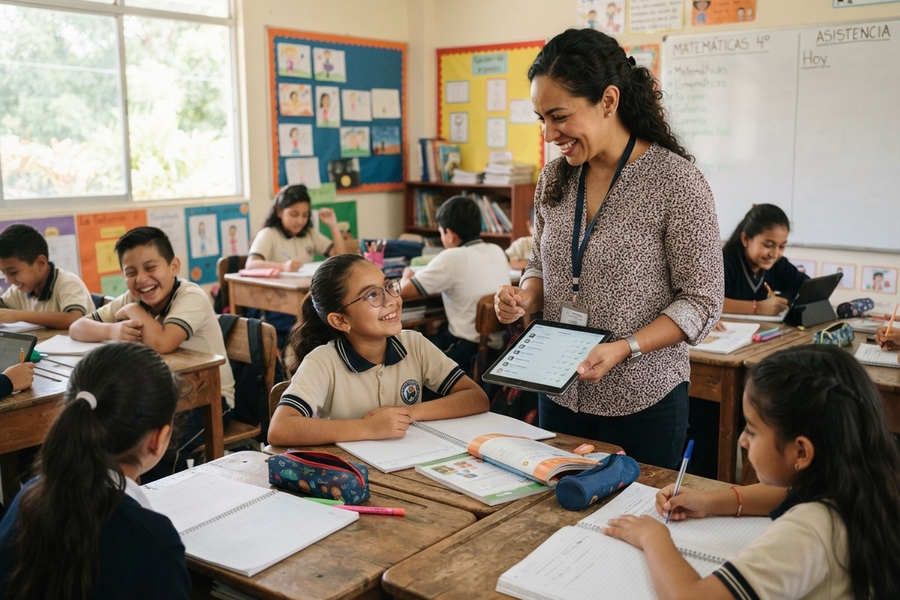 Una maestra pasando lista entre las filas de su salón